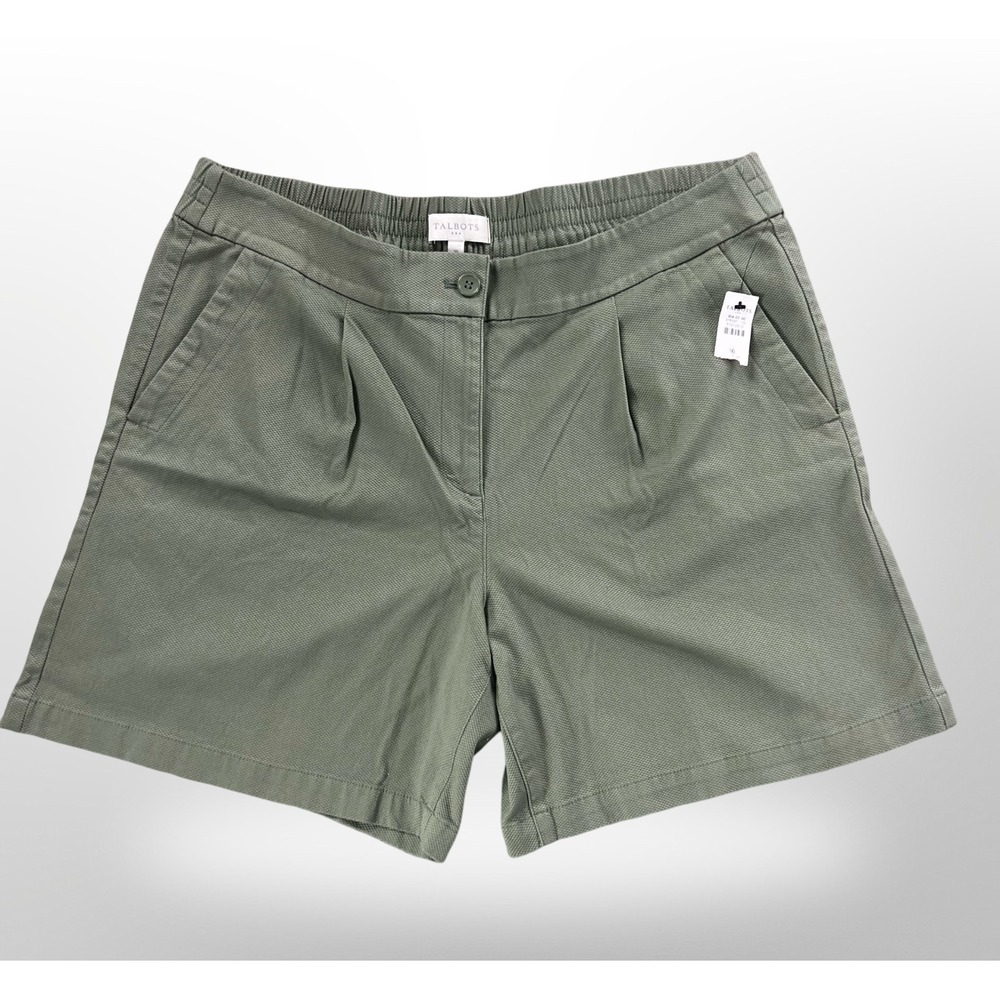 Talbots Womens 16 Pique Pleated Shorts Easy Fit Elastic Waist Green Stretch NWT